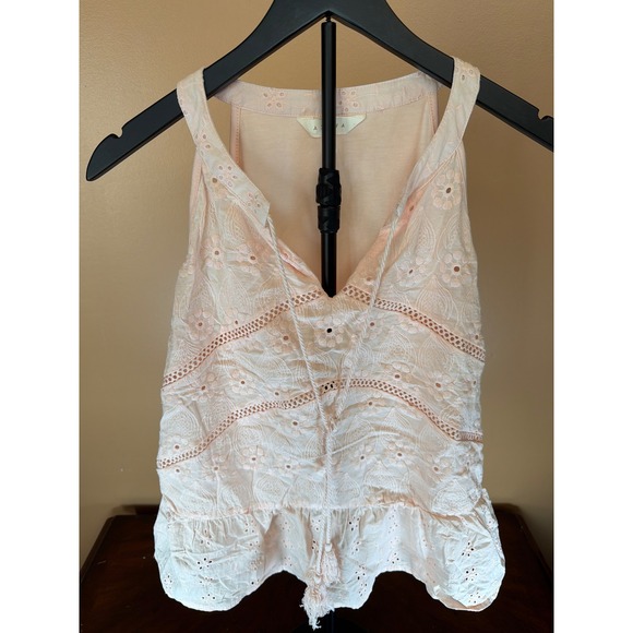Adiva Tops - Adiva Peach Eyelet Embroidered Peplum Tank Top‎ Tassel V-Neck Sleeveless XL